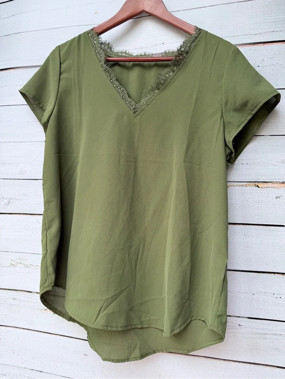 Lace Trim V-Neck Tank in Olive Green